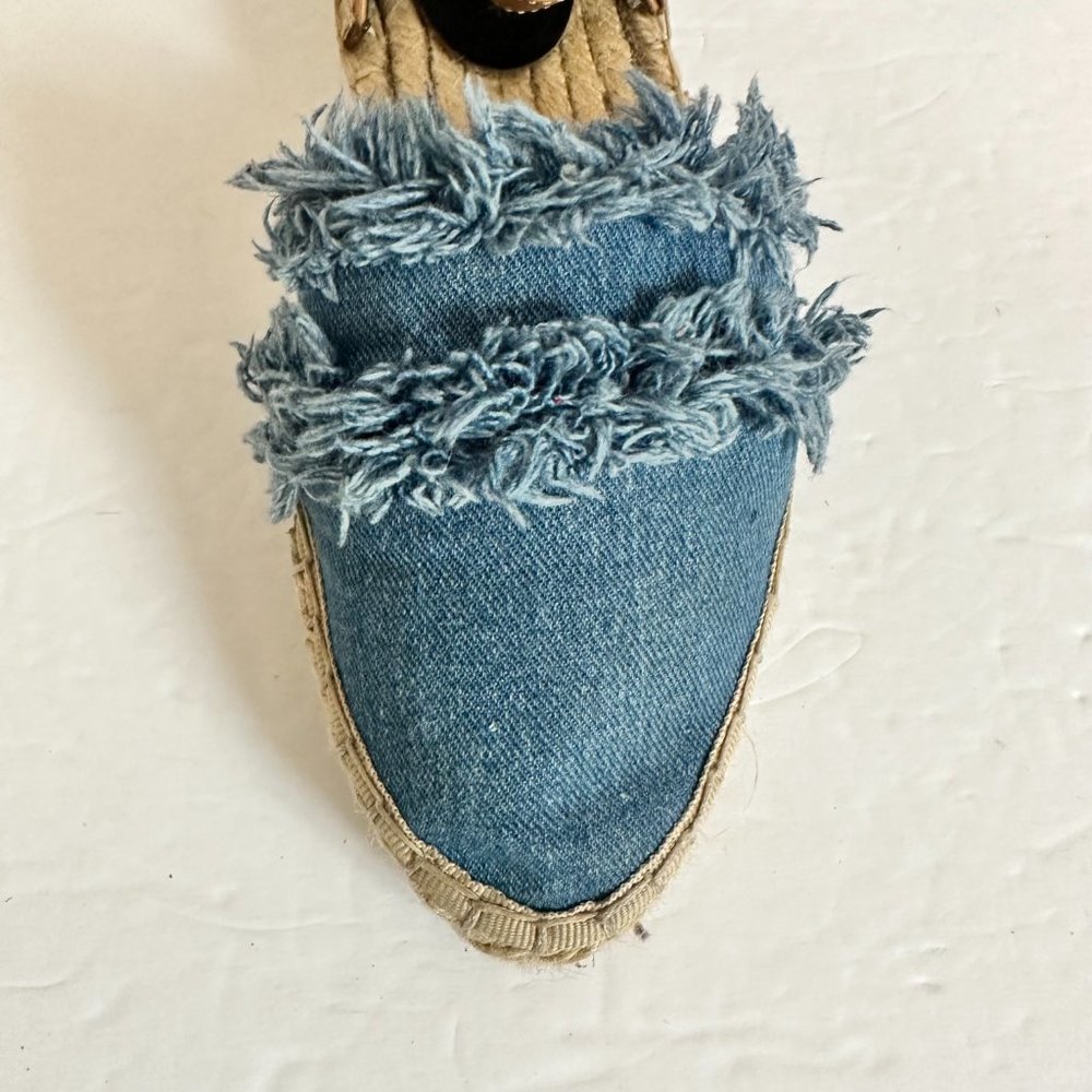 LIKE NEW REBECCA MINKOFF DENIM ANKLE WRAP FRINGE ESPADRILLES - Picture 6 of 9